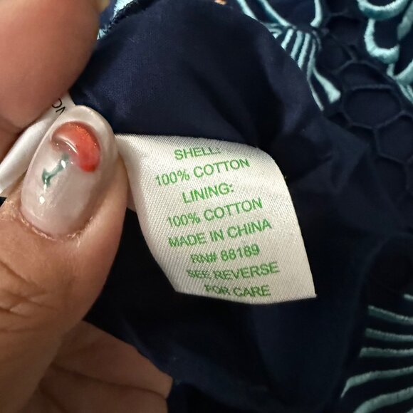 Lilly Pulitzer Delia Navy Aqua Seashell Embroidered Scallop Hem Sheath Dress 8 - Picture 4 of 6